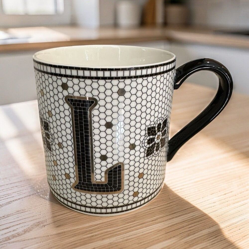 Anthropologie Margot Monogram 'L' Mug Tiled Mosaic Bistro Black White Gold 15 oz